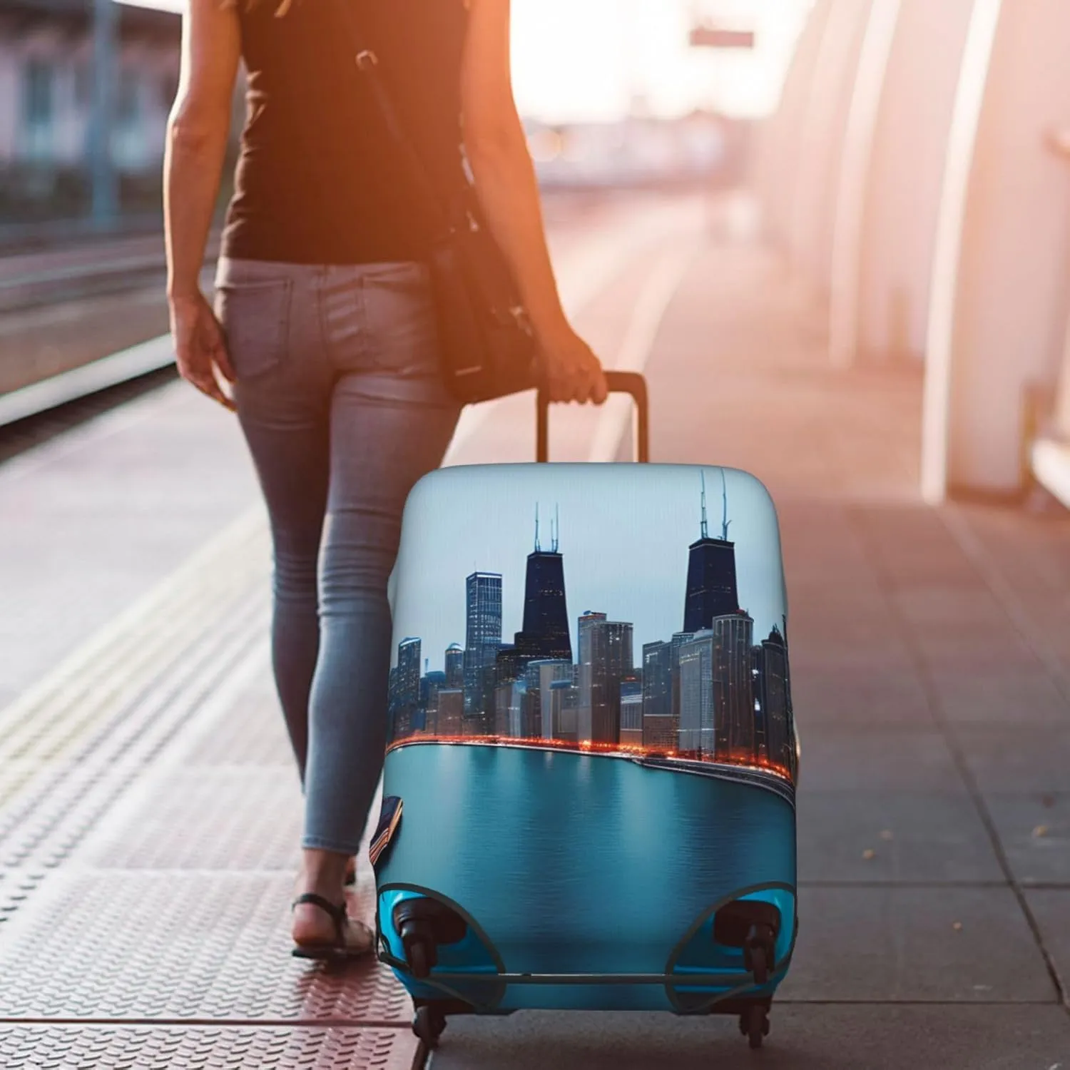 Chicago Print Practical Elastic Washable Travel Luggage Cover with Concealed Zipper for Suitcases