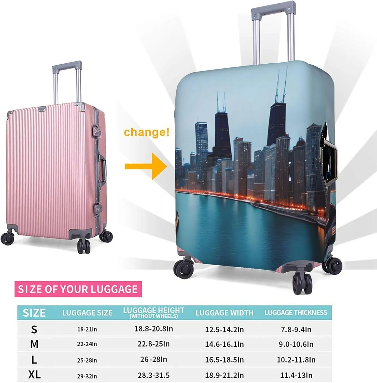 Chicago Print Practical Elastic Washable Travel Luggage Cover with Concealed Zipper for Suitcases
