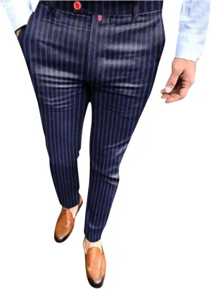 Chino Pants for Men Slim Fit Stretch Big and Tall Classic Chinos Pants Casual Stylish Vertical Striped Skinny Trousers Dark Blue