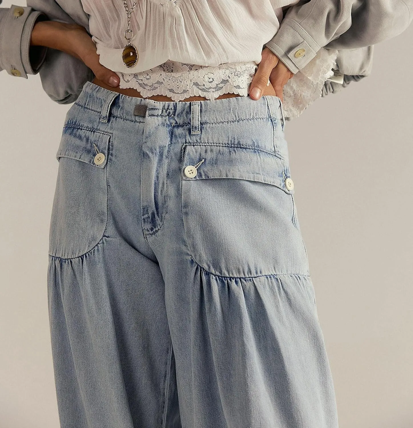 chouyatou Women's Boyfriend Baggy Jeans Y2k Barrel Wide Leg Jeans Drawstring Bottom Pleated Denim Pants