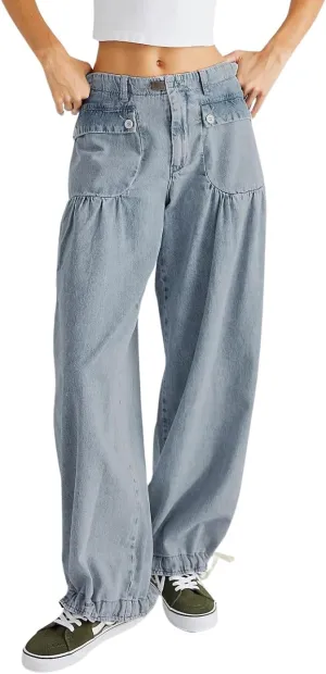 chouyatou Women's Boyfriend Baggy Jeans Y2k Barrel Wide Leg Jeans Drawstring Bottom Pleated Denim Pants
