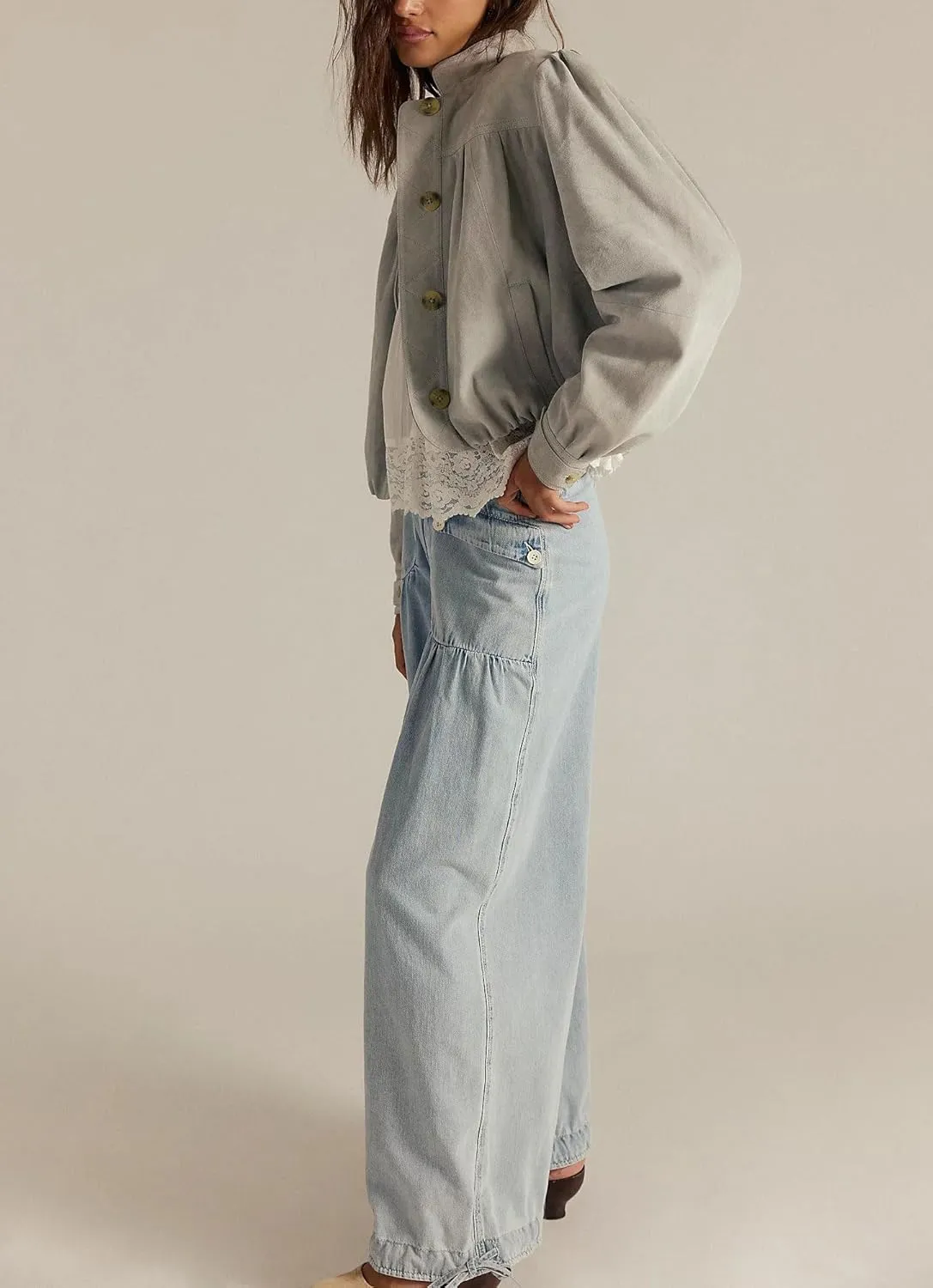 chouyatou Women's Boyfriend Baggy Jeans Y2k Barrel Wide Leg Jeans Drawstring Bottom Pleated Denim Pants