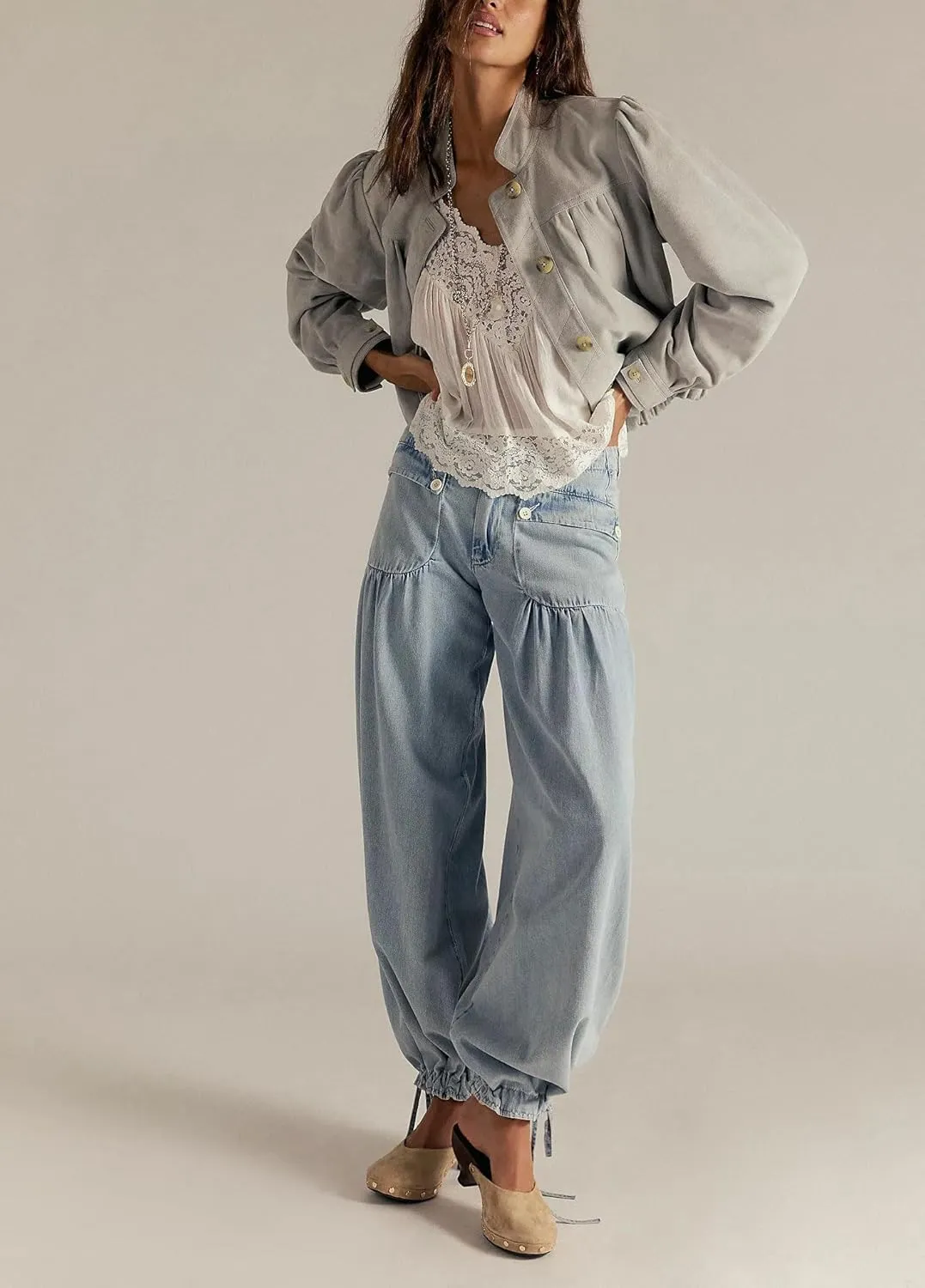 chouyatou Women's Boyfriend Baggy Jeans Y2k Barrel Wide Leg Jeans Drawstring Bottom Pleated Denim Pants