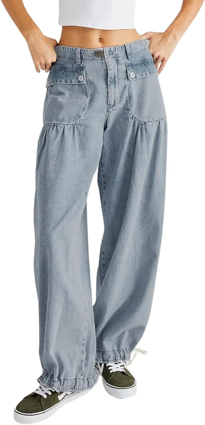 chouyatou Women's Boyfriend Baggy Jeans Y2k Barrel Wide Leg Jeans Drawstring Bottom Pleated Denim Pants