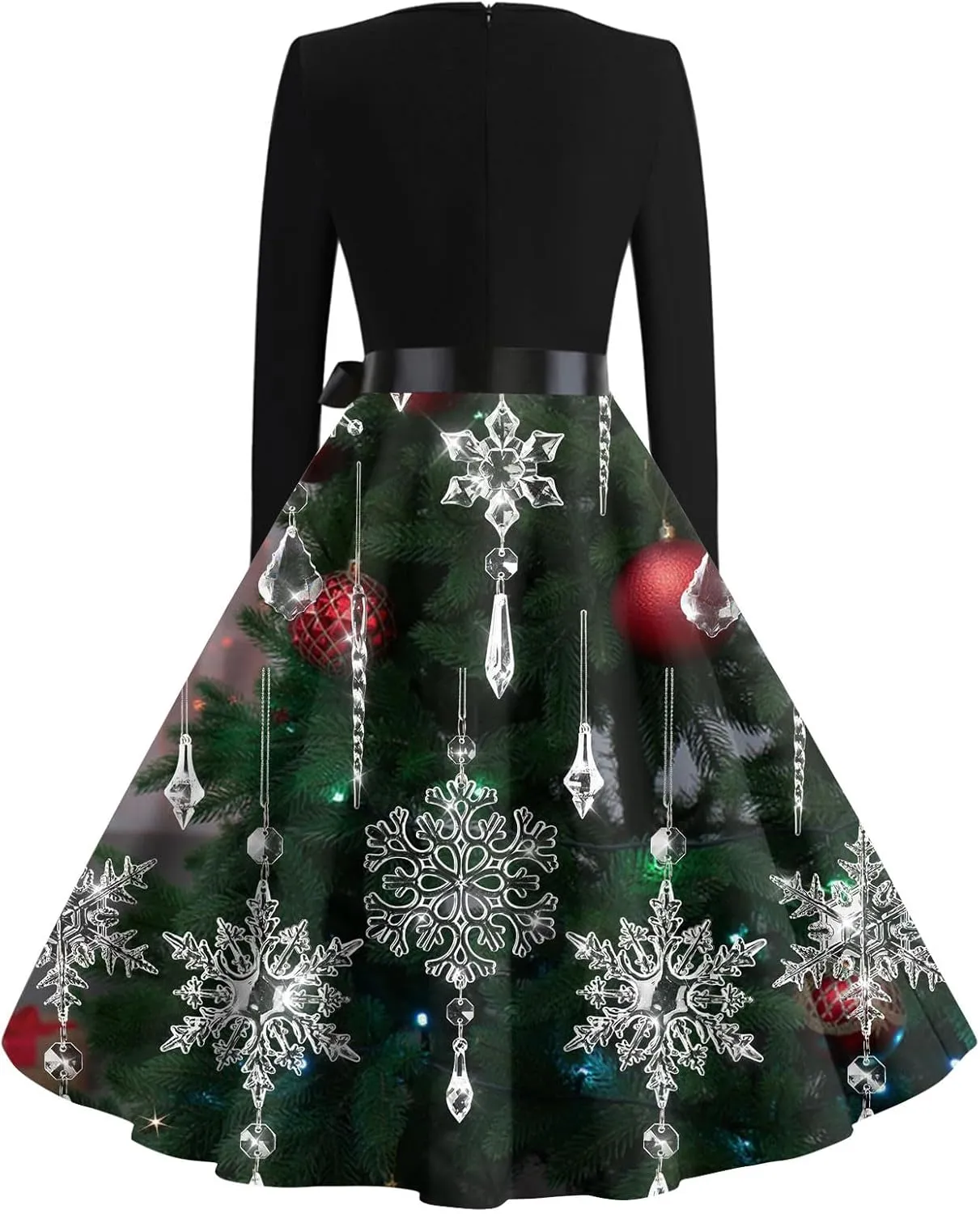Christmas Dresses for Women Long Sleeve V Neck Aline Prom Hepburn Dress with Belt Cocktail Long Fit and Flare Dresses