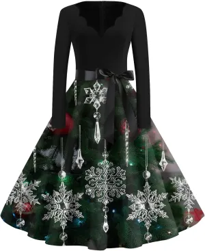 Christmas Dresses for Women Long Sleeve V Neck Aline Prom Hepburn Dress with Belt Cocktail Long Fit and Flare Dresses