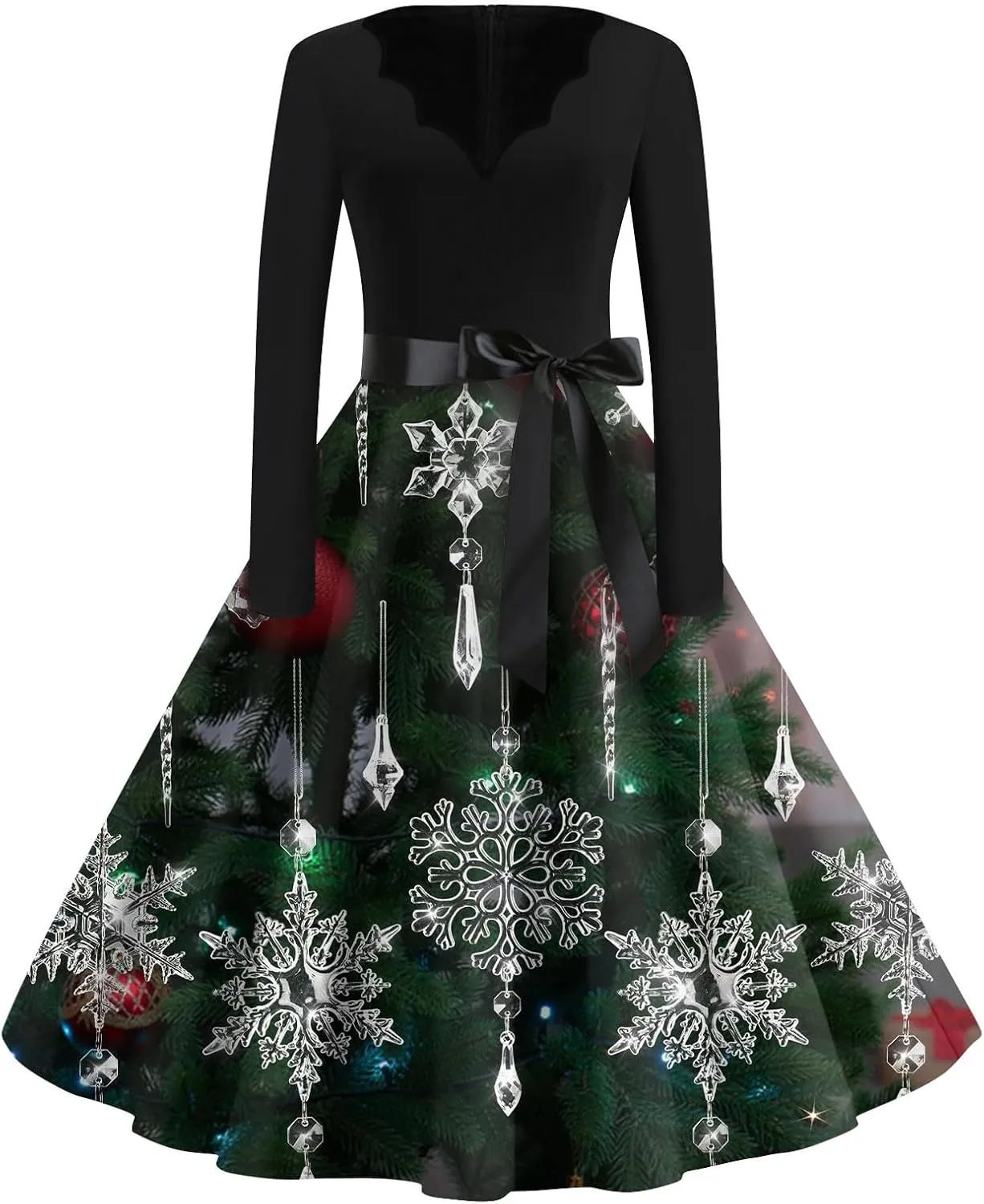 Christmas Dresses for Women Long Sleeve V Neck Aline Prom Hepburn Dress with Belt Cocktail Long Fit and Flare Dresses