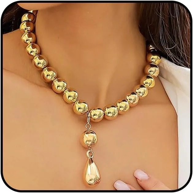 Chunky Gold Beaded Choker Necklace for Women Big Silver Teardrop Ball Pendant Necklace Adjustable Water Drop Beads Necklace Jewelry Gifts