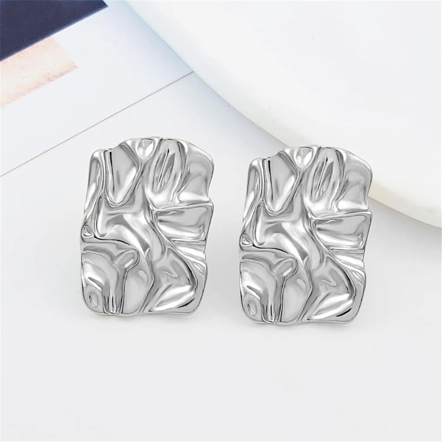 Chunky Gold Rectangle Stud Earrings Statement Hammered Irregular Wrinkle Square Geometric Fold Silver Plated Dangle Drop Earrings for Women Minimalist Prom Party Summer Holiday Trendy Jewelry Gifts