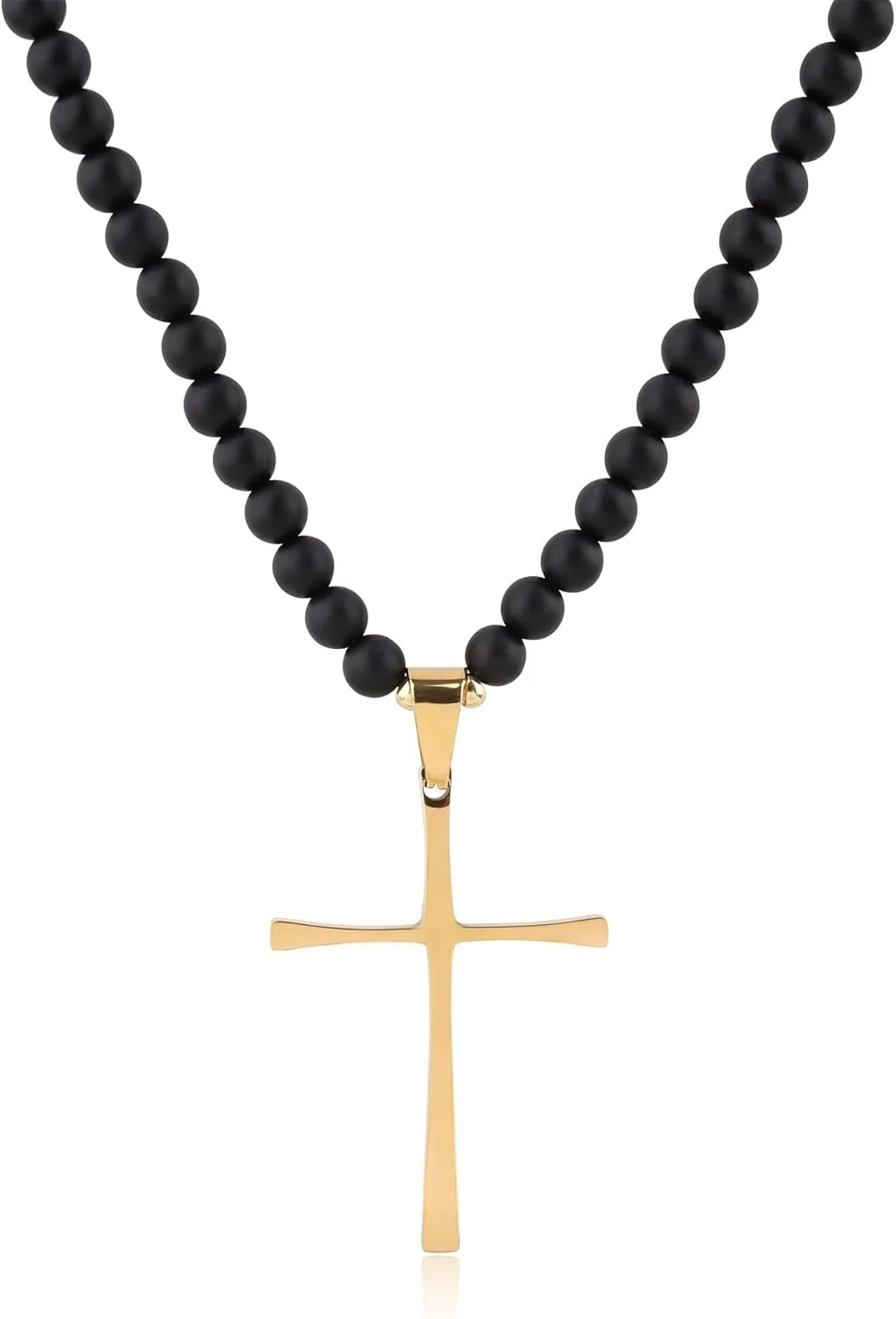 COAI Men's Cross Necklace Black Stone Necklace Onyx Beaded Necklace for Men