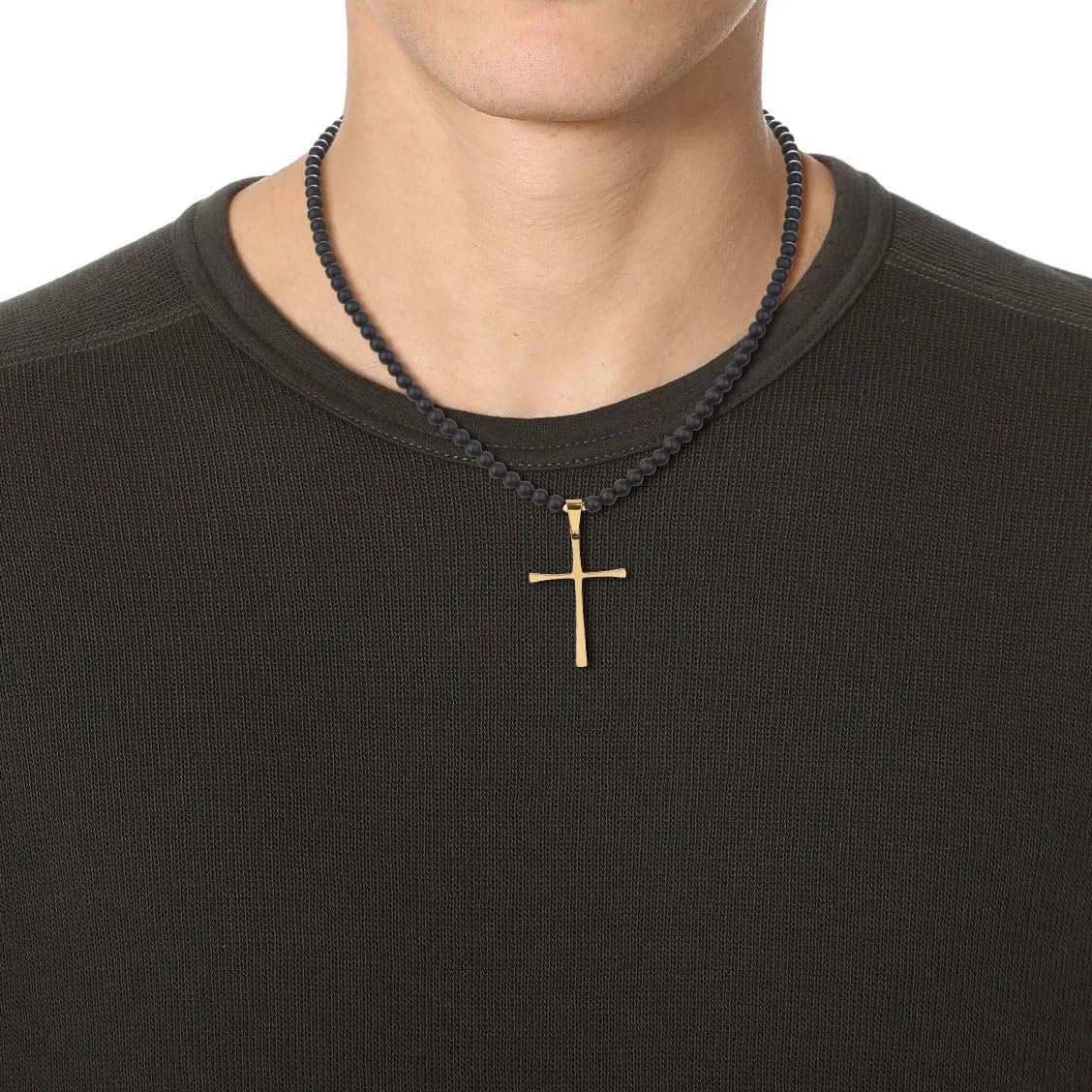 COAI Men's Cross Necklace Black Stone Necklace Onyx Beaded Necklace for Men
