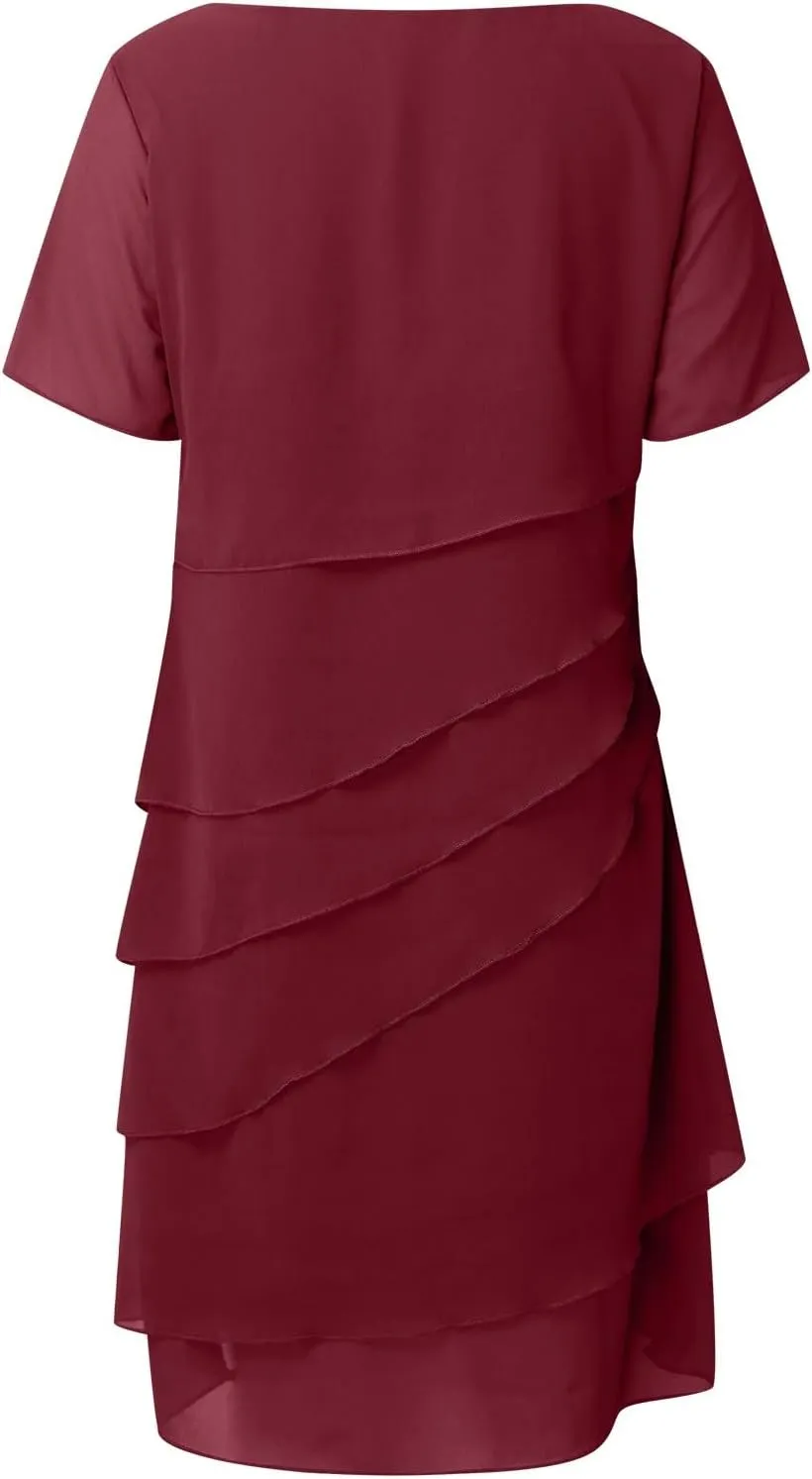 Cocktail Dresses for Women,Flowy Ruffle Tiered Chiffon Dresses Casual Short Sleeve Mini Sundress Elegant Guest Dress