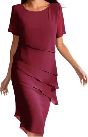 Cocktail Dresses for Women,Flowy Ruffle Tiered Chiffon Dresses Casual Short Sleeve Mini Sundress Elegant Guest Dress