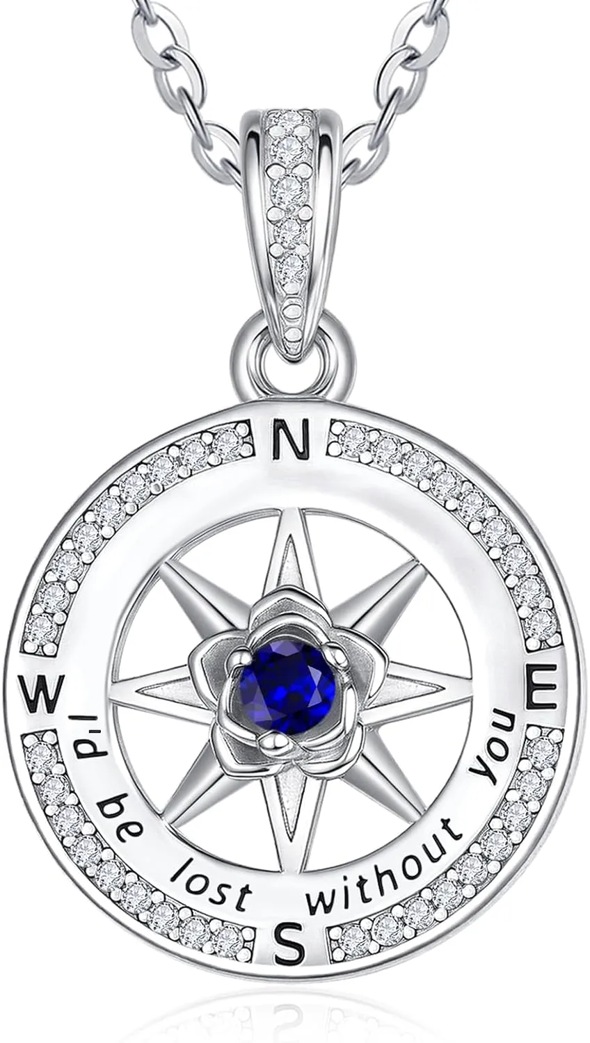 Compass Necklace for Women, White Gold I'd Be Lost Without You Compass Graduation Jewelry Gift, Girlfriend Daughter Wife Mom Gifts with Birthstone Pendant