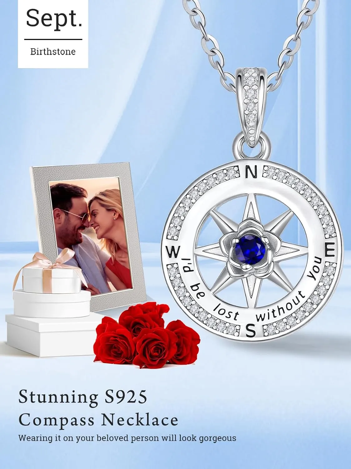 Compass Necklace for Women, White Gold I'd Be Lost Without You Compass Graduation Jewelry Gift, Girlfriend Daughter Wife Mom Gifts with Birthstone Pendant