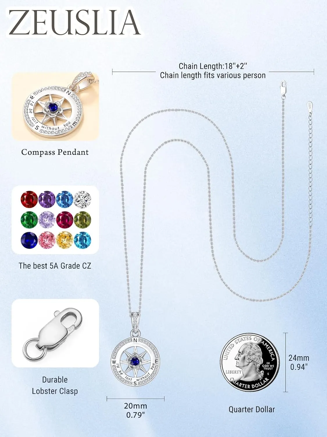 Compass Necklace for Women, White Gold I'd Be Lost Without You Compass Graduation Jewelry Gift, Girlfriend Daughter Wife Mom Gifts with Birthstone Pendant