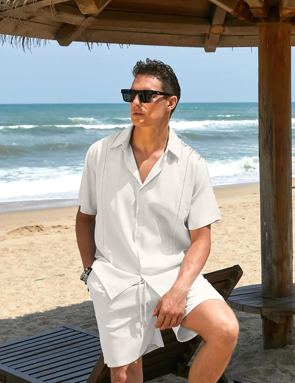 COOFANDY Men's 2 Pieces Linen Set Short Sleeve Button Down Shirts Summer Beach Shorts Casual Outfits