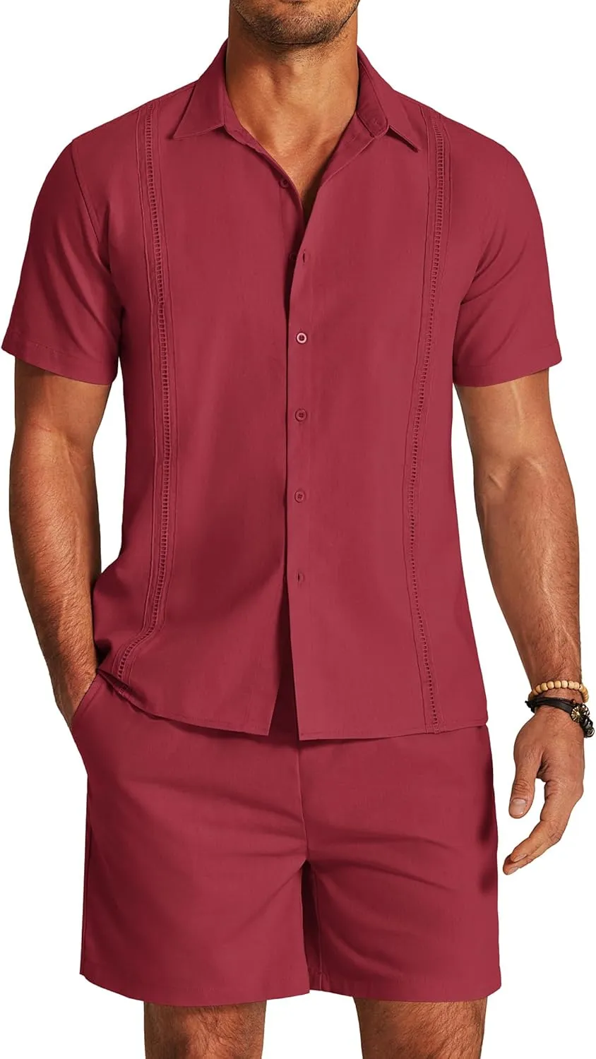 COOFANDY Men's 2 Pieces Linen Set Short Sleeve Button Down Shirts Summer Beach Shorts Casual Outfits