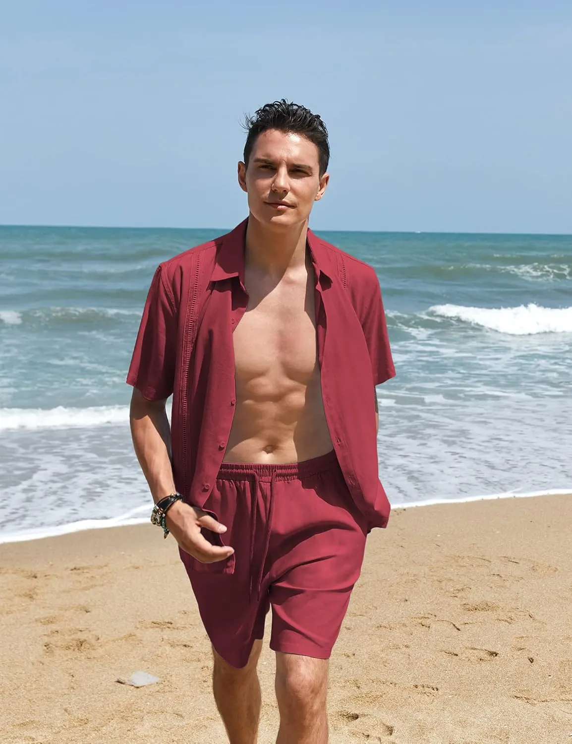 COOFANDY Men's 2 Pieces Linen Set Short Sleeve Button Down Shirts Summer Beach Shorts Casual Outfits