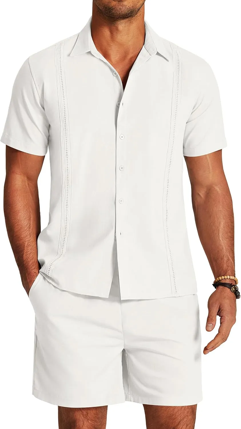 COOFANDY Men's 2 Pieces Linen Set Short Sleeve Button Down Shirts Summer Beach Shorts Casual Outfits