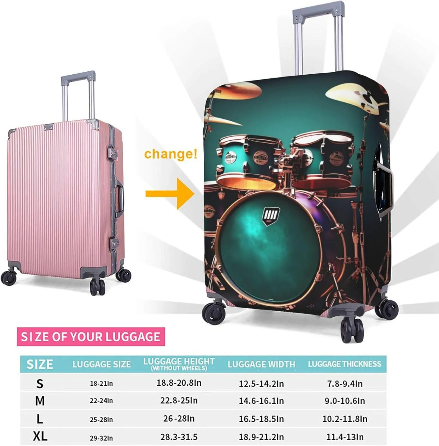 Cool Drum Set Print Practical Elastic Washable Travel Luggage Cover with Concealed Zipper for Suitcases