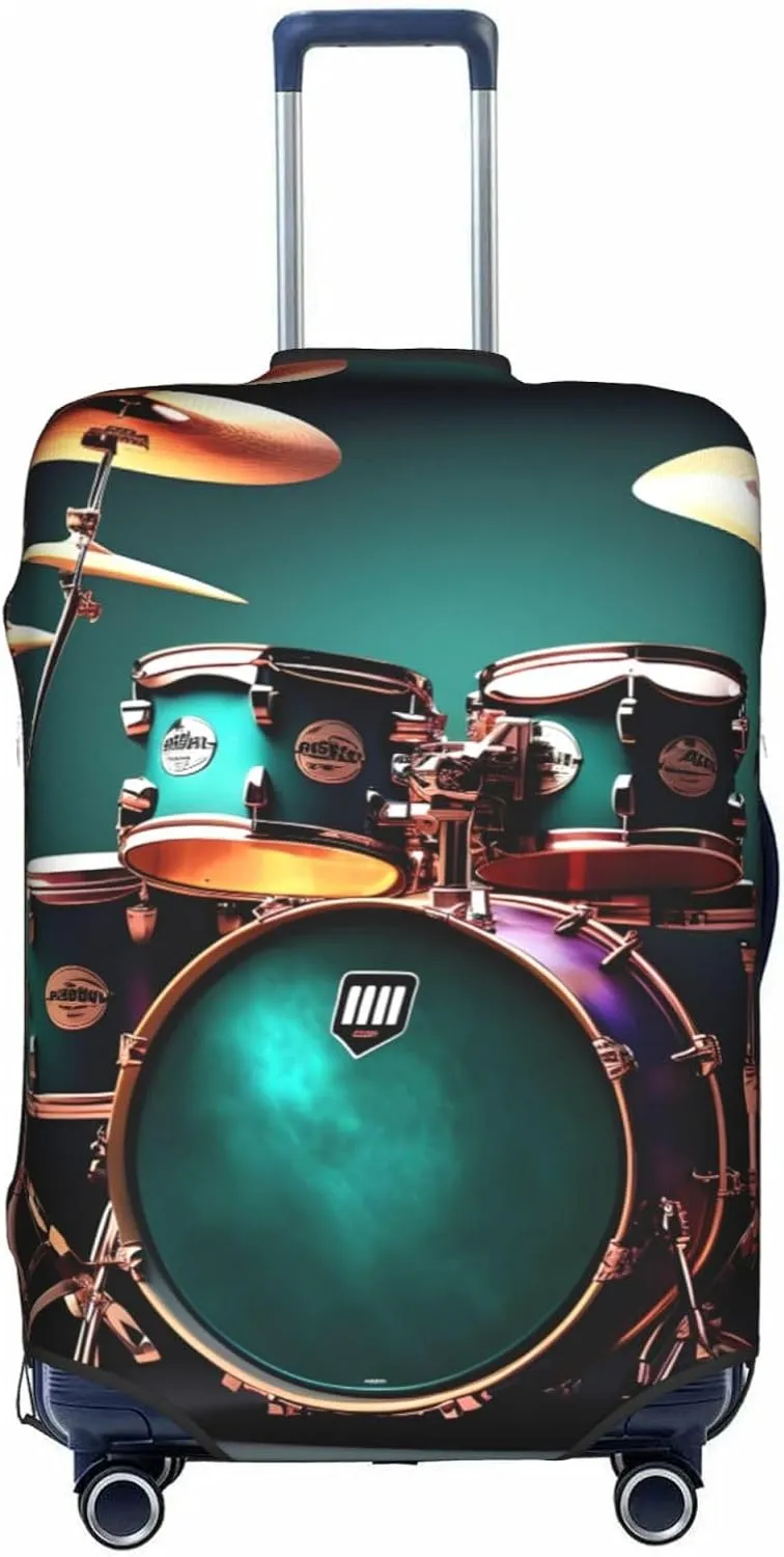 Cool Drum Set Print Practical Elastic Washable Travel Luggage Cover with Concealed Zipper for Suitcases