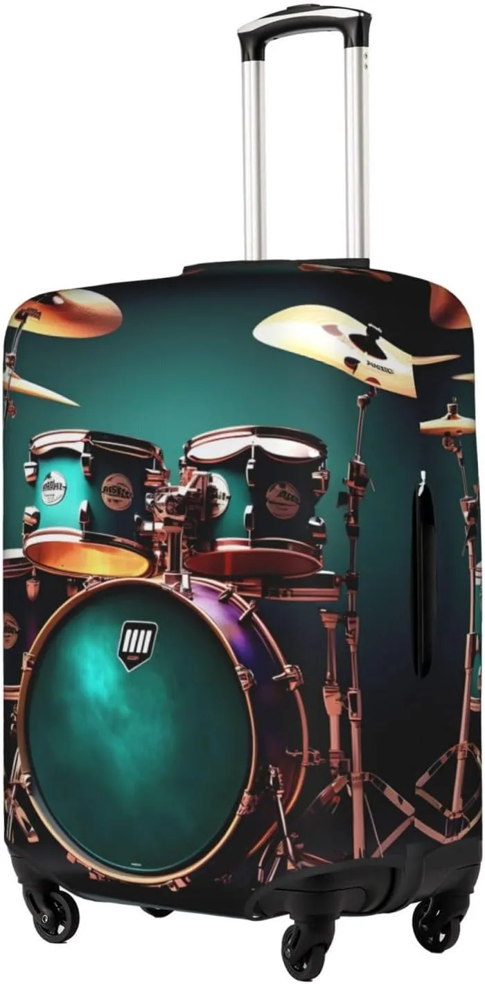 Cool Drum Set Print Practical Elastic Washable Travel Luggage Cover with Concealed Zipper for Suitcases