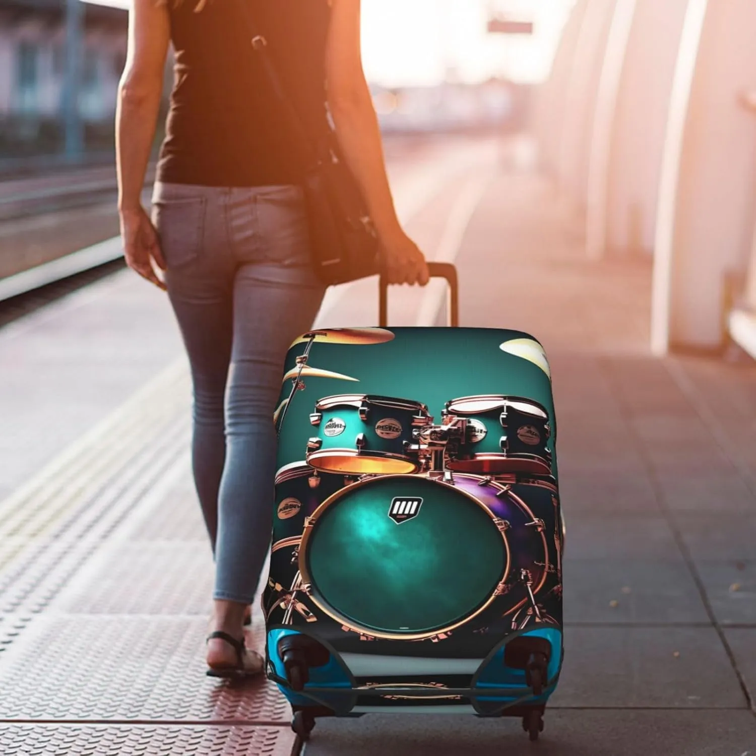 Cool Drum Set Print Practical Elastic Washable Travel Luggage Cover with Concealed Zipper for Suitcases