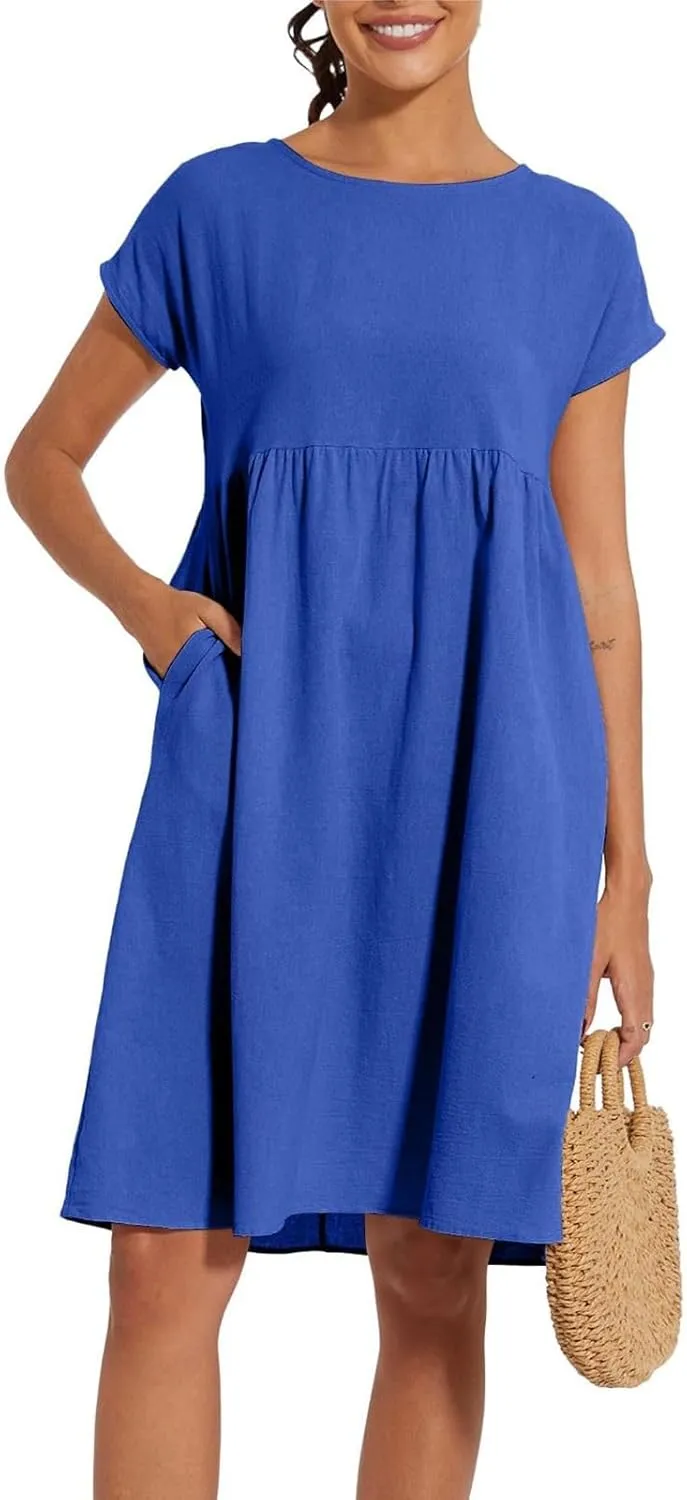 Cotton Dresses for Women 2024 Summer Linen Casual Beach Midi Dress Short Sleeve Loose Flowy Sundress with Pockets