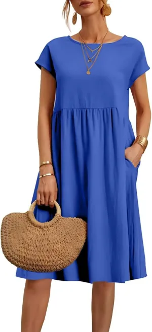 Cotton Dresses for Women 2024 Summer Linen Casual Beach Midi Dress Short Sleeve Loose Flowy Sundress with Pockets