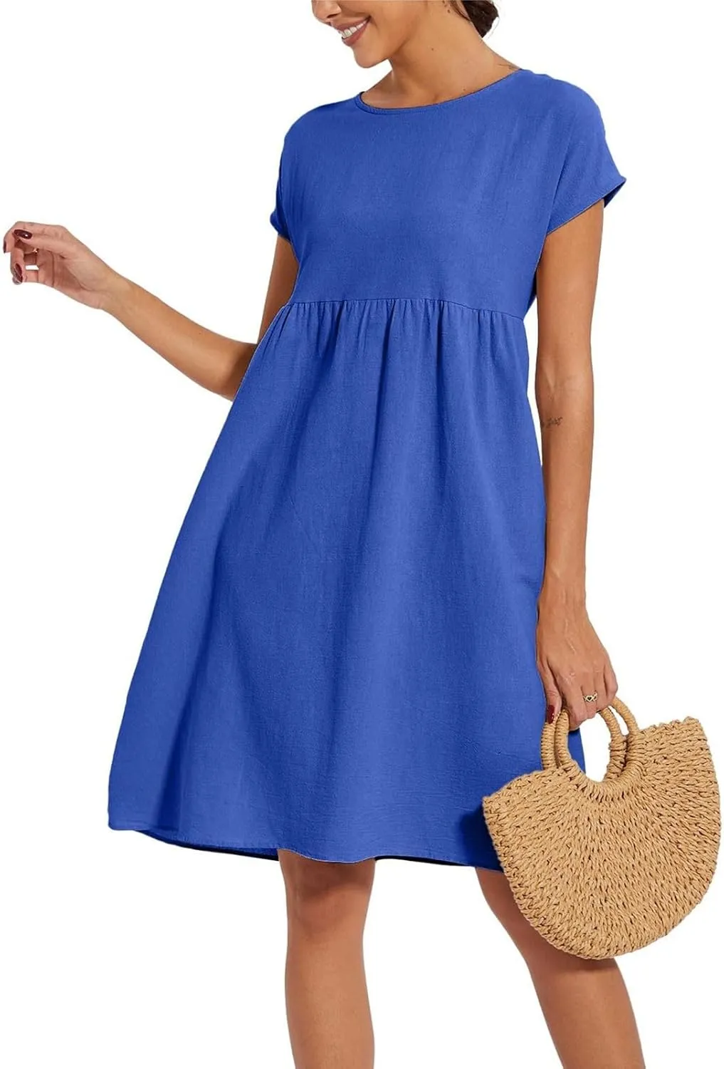 Cotton Dresses for Women 2024 Summer Linen Casual Beach Midi Dress Short Sleeve Loose Flowy Sundress with Pockets