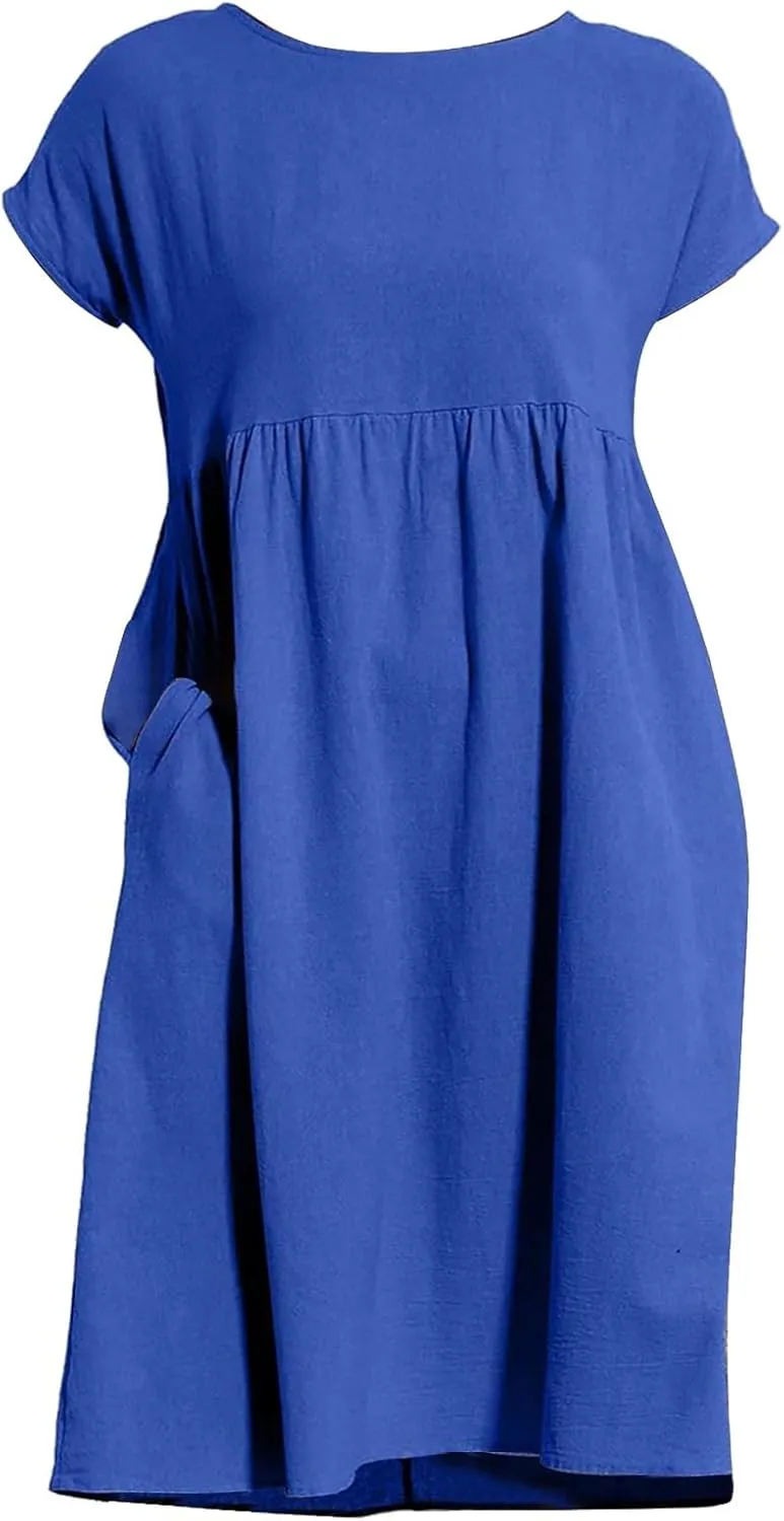 Cotton Dresses for Women 2024 Summer Linen Casual Beach Midi Dress Short Sleeve Loose Flowy Sundress with Pockets