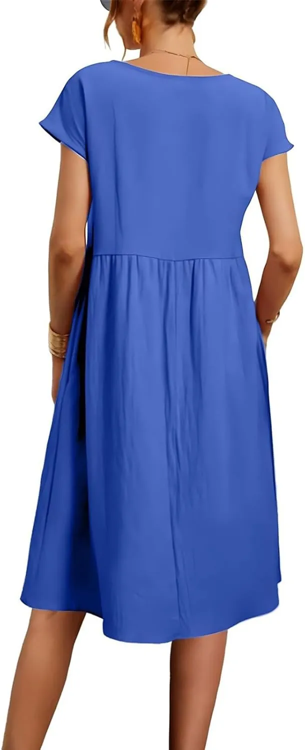 Cotton Dresses for Women 2024 Summer Linen Casual Beach Midi Dress Short Sleeve Loose Flowy Sundress with Pockets