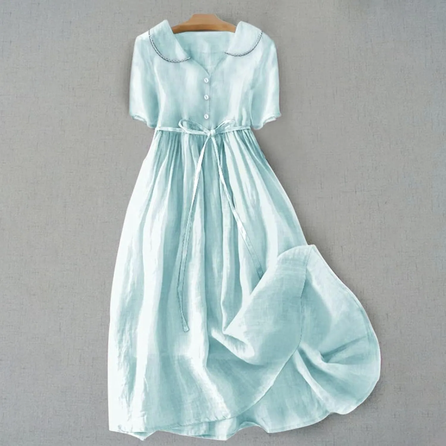 Cotton Linen Dresses for Women Summer Embroidered Sleeve A Line Comfy Cotton Maxi Dress Trendy Summer Vacation Clothes