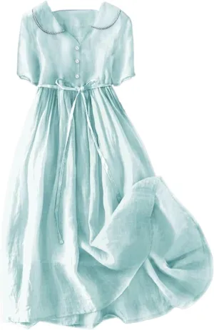 Cotton Linen Dresses for Women Summer Embroidered Sleeve A Line Comfy Cotton Maxi Dress Trendy Summer Vacation Clothes