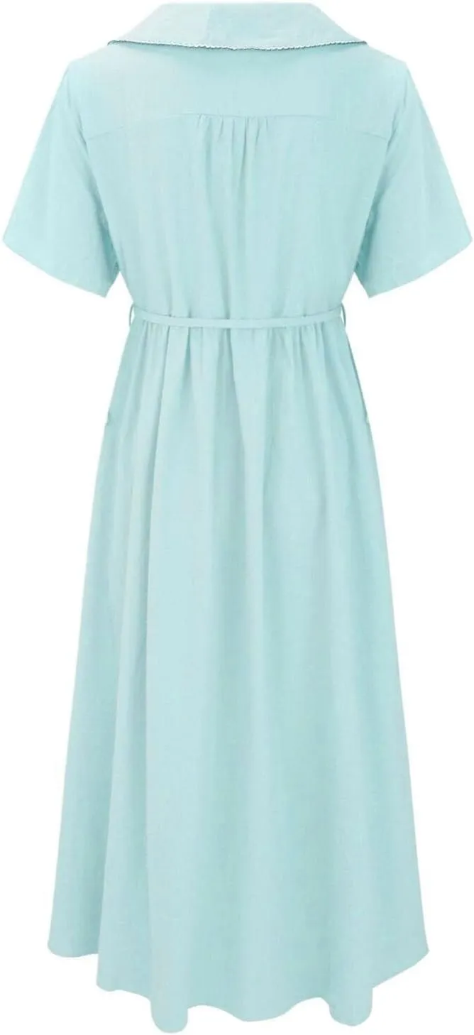 Cotton Linen Dresses for Women Summer Embroidered Sleeve A Line Comfy Cotton Maxi Dress Trendy Summer Vacation Clothes
