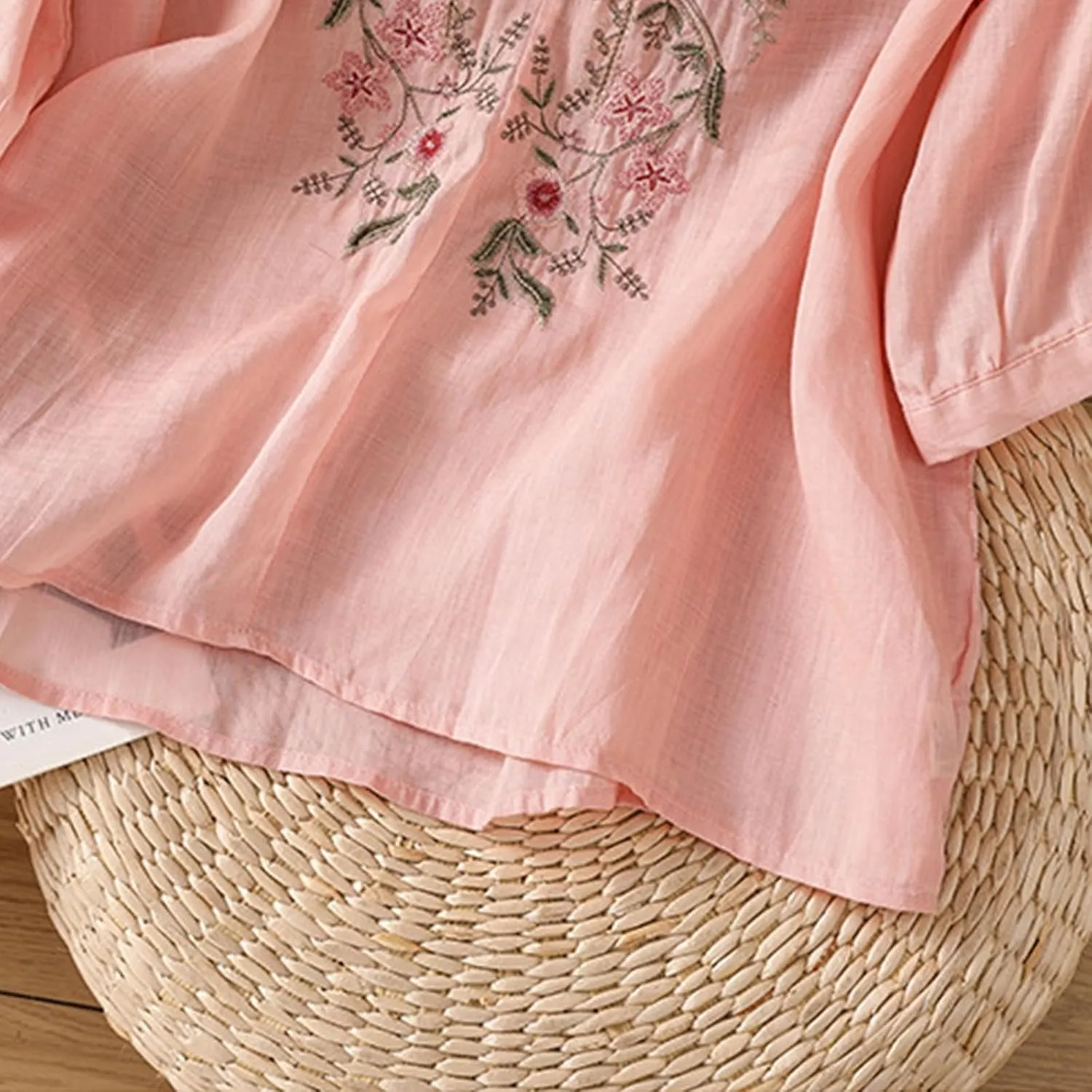 Cotton Linen Embroidery Blouse for Women Casual Crewneck Button Up Half Sleeve Shirts Boho Floral Loose Fit Tunic Tops
