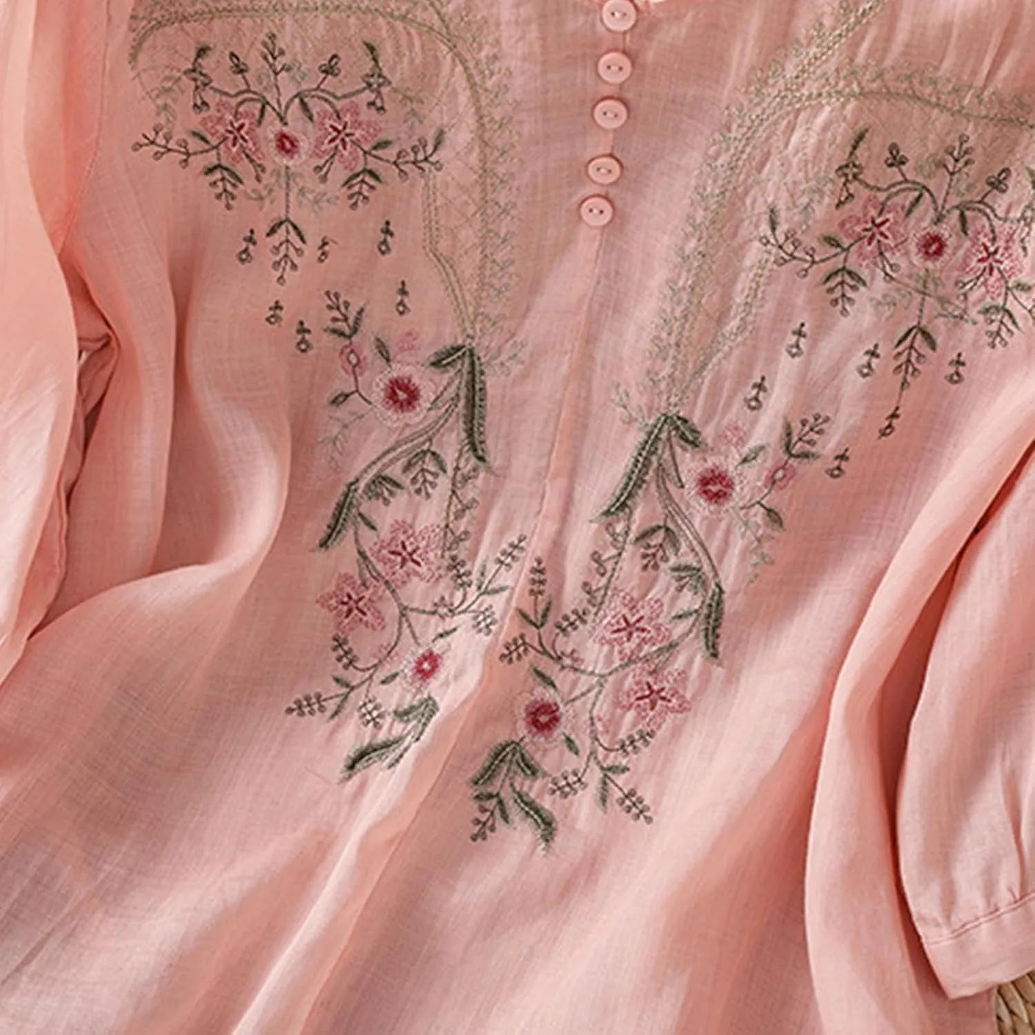 Cotton Linen Embroidery Blouse for Women Casual Crewneck Button Up Half Sleeve Shirts Boho Floral Loose Fit Tunic Tops