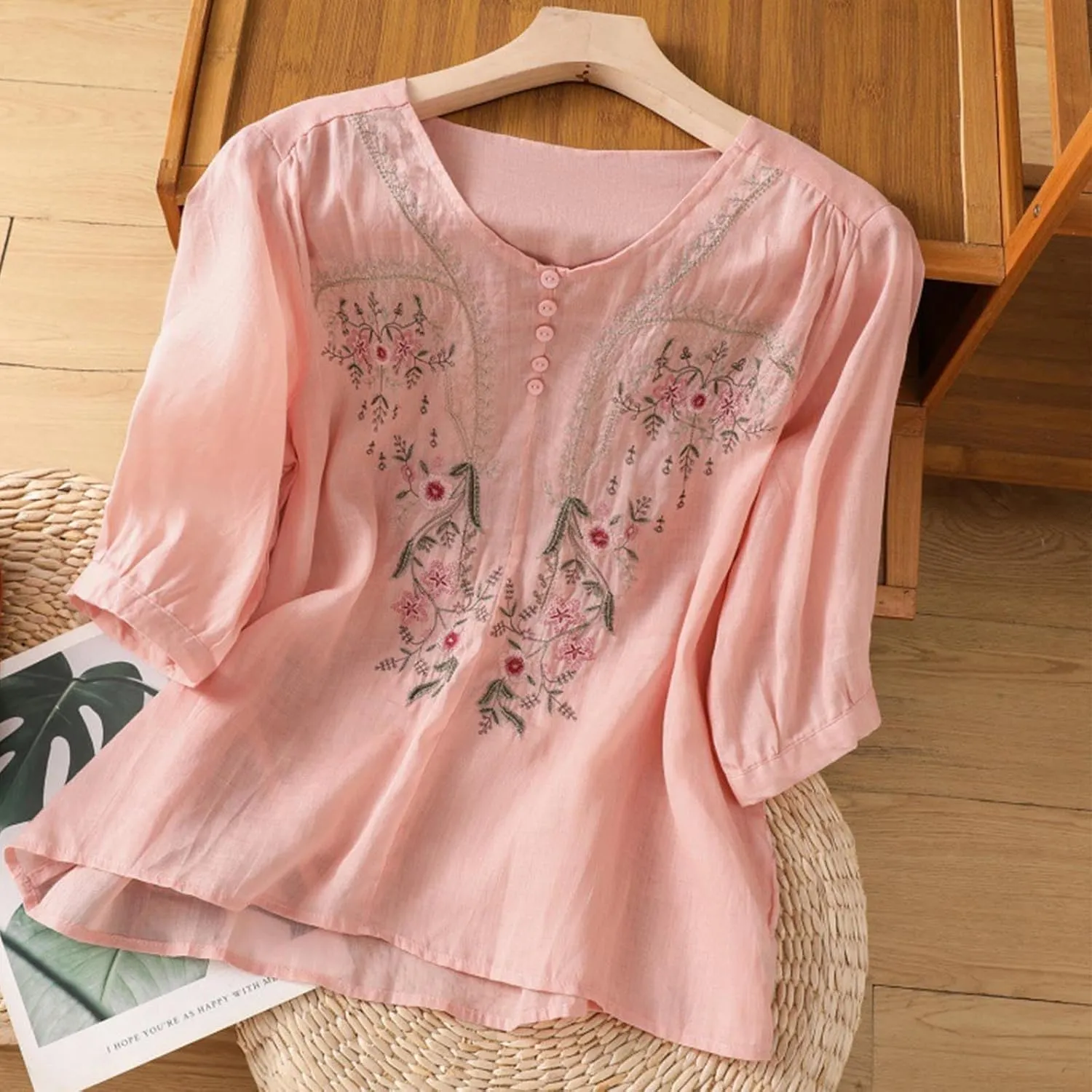 Cotton Linen Embroidery Blouse for Women Casual Crewneck Button Up Half Sleeve Shirts Boho Floral Loose Fit Tunic Tops