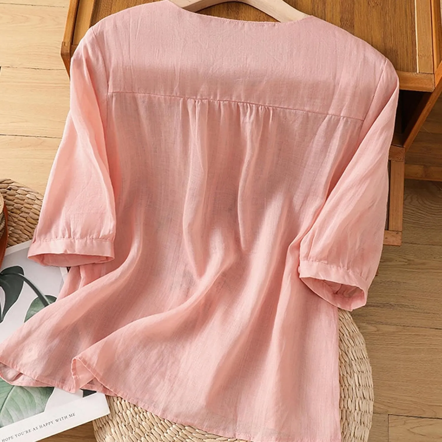 Cotton Linen Embroidery Blouse for Women Casual Crewneck Button Up Half Sleeve Shirts Boho Floral Loose Fit Tunic Tops