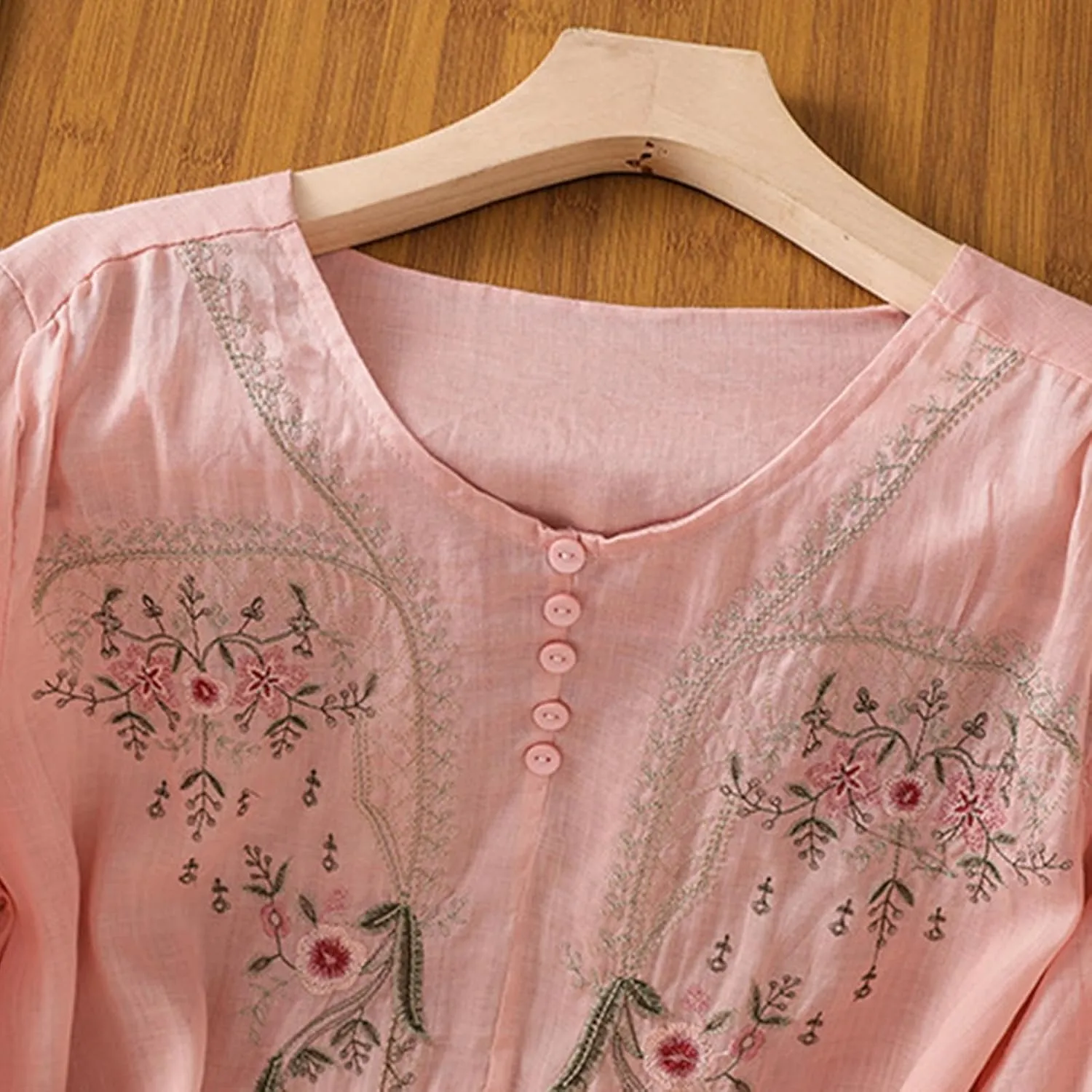 Cotton Linen Embroidery Blouse for Women Casual Crewneck Button Up Half Sleeve Shirts Boho Floral Loose Fit Tunic Tops