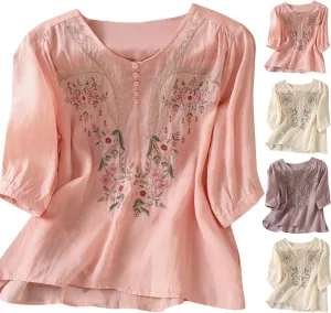 Cotton Linen Embroidery Blouse for Women Casual Crewneck Button Up Half Sleeve Shirts Boho Floral Loose Fit Tunic Tops