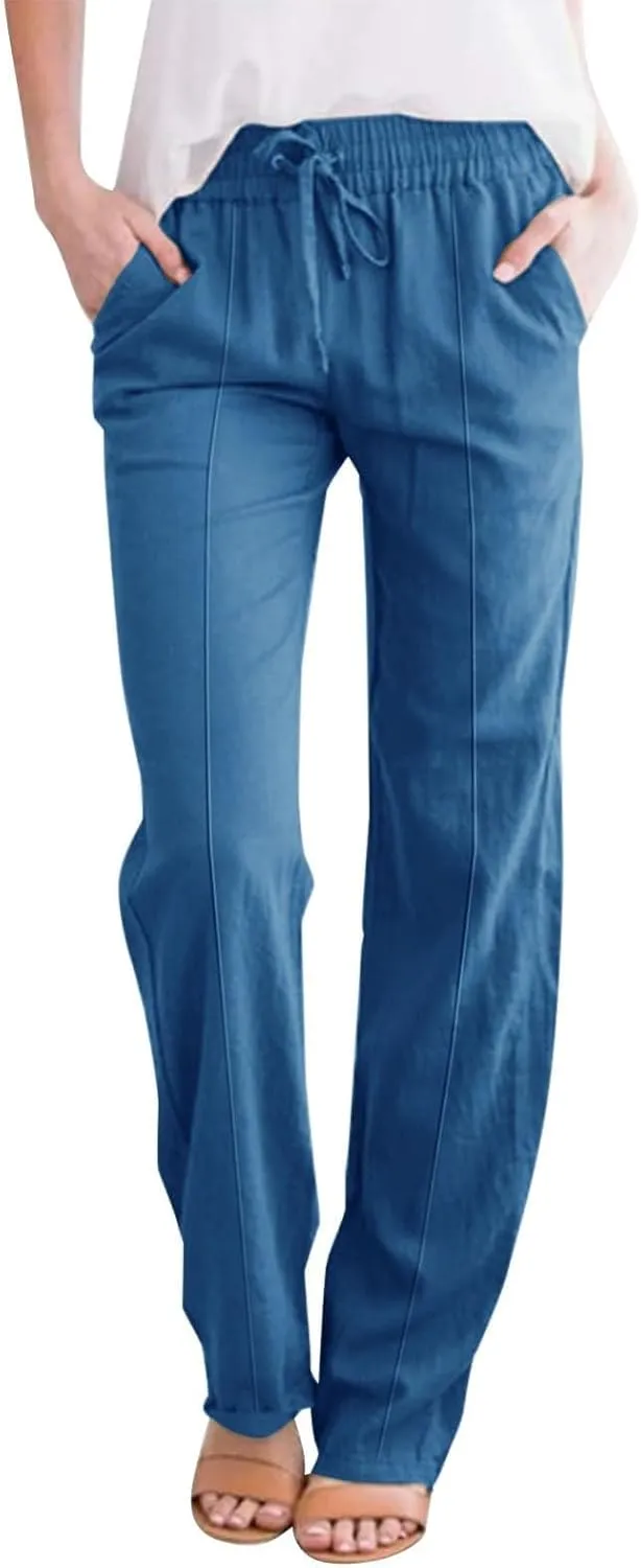Cotton Linen Pants for Women Drawstring High Waisted Pants Straight Leg Summer Pants Fashion Lounge Pants