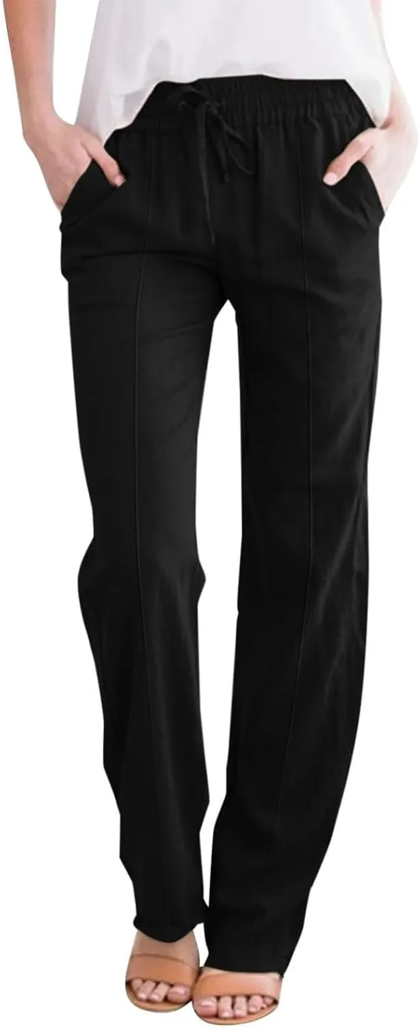 Cotton Linen Pants for Women Drawstring High Waisted Pants Straight Leg Summer Pants Fashion Lounge Pants