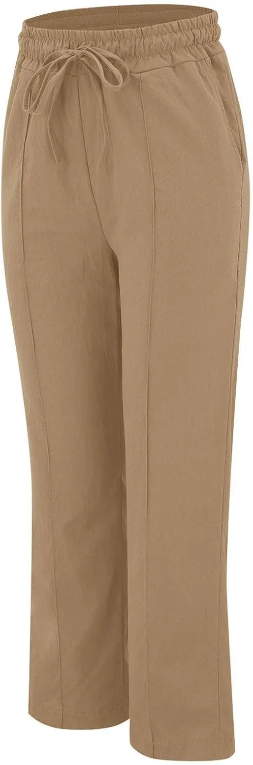 Cotton Linen Pants for Women Drawstring High Waisted Pants Straight Leg Summer Pants Fashion Lounge Pants