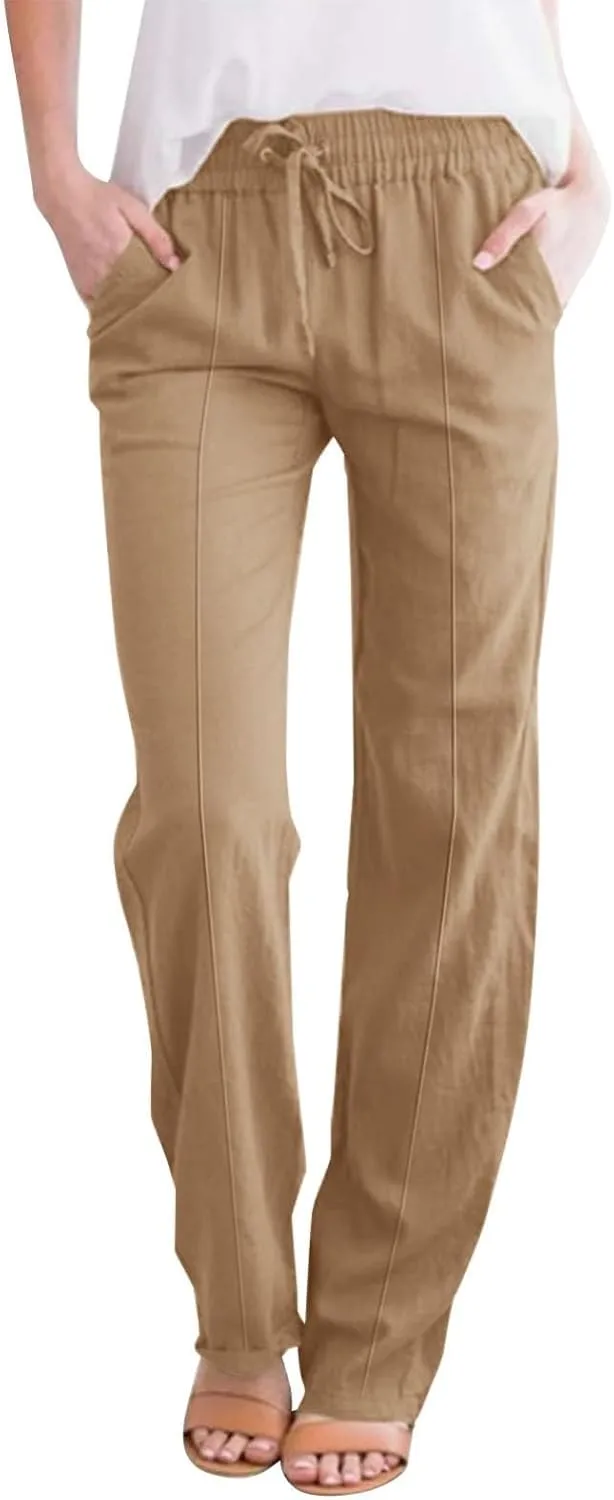 Cotton Linen Pants for Women Drawstring High Waisted Pants Straight Leg Summer Pants Fashion Lounge Pants