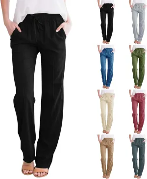 Cotton Linen Pants for Women Drawstring High Waisted Pants Straight Leg Summer Pants Fashion Lounge Pants
