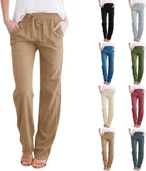 Cotton Linen Pants for Women Drawstring High Waisted Pants Straight Leg Summer Pants Fashion Lounge Pants