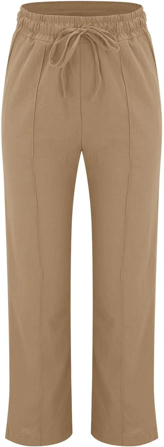 Cotton Linen Pants for Women Drawstring High Waisted Pants Straight Leg Summer Pants Fashion Lounge Pants