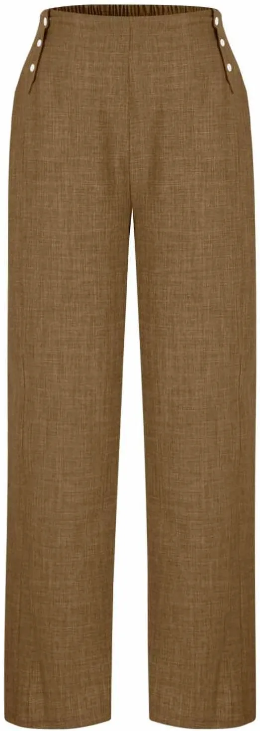 Cotton Linen Pants for Women Elastic Waist Wide Leg Button Casual Palazzo Pants Office Business Comfy Summer Trousers
